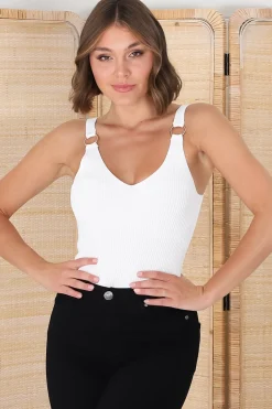 Lacen Ribbed Top - Gold Ring Detail V Neck Singlet Top in White><noscript><img width=