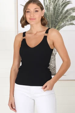 Lacen Ribbed Top - Gold Ring Detail V Neck Singlet Top in Black><noscript><img width=