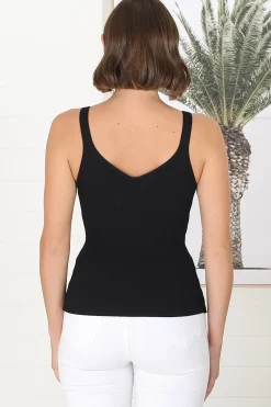 Lacen Ribbed Top - Gold Ring Detail V Neck Singlet Top in Black><noscript><img width=