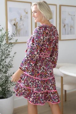 Lainie Mini Dress - Tiered Crochet Trim Mini Dress with Matching Belt in Fallon Print><noscript><img width=