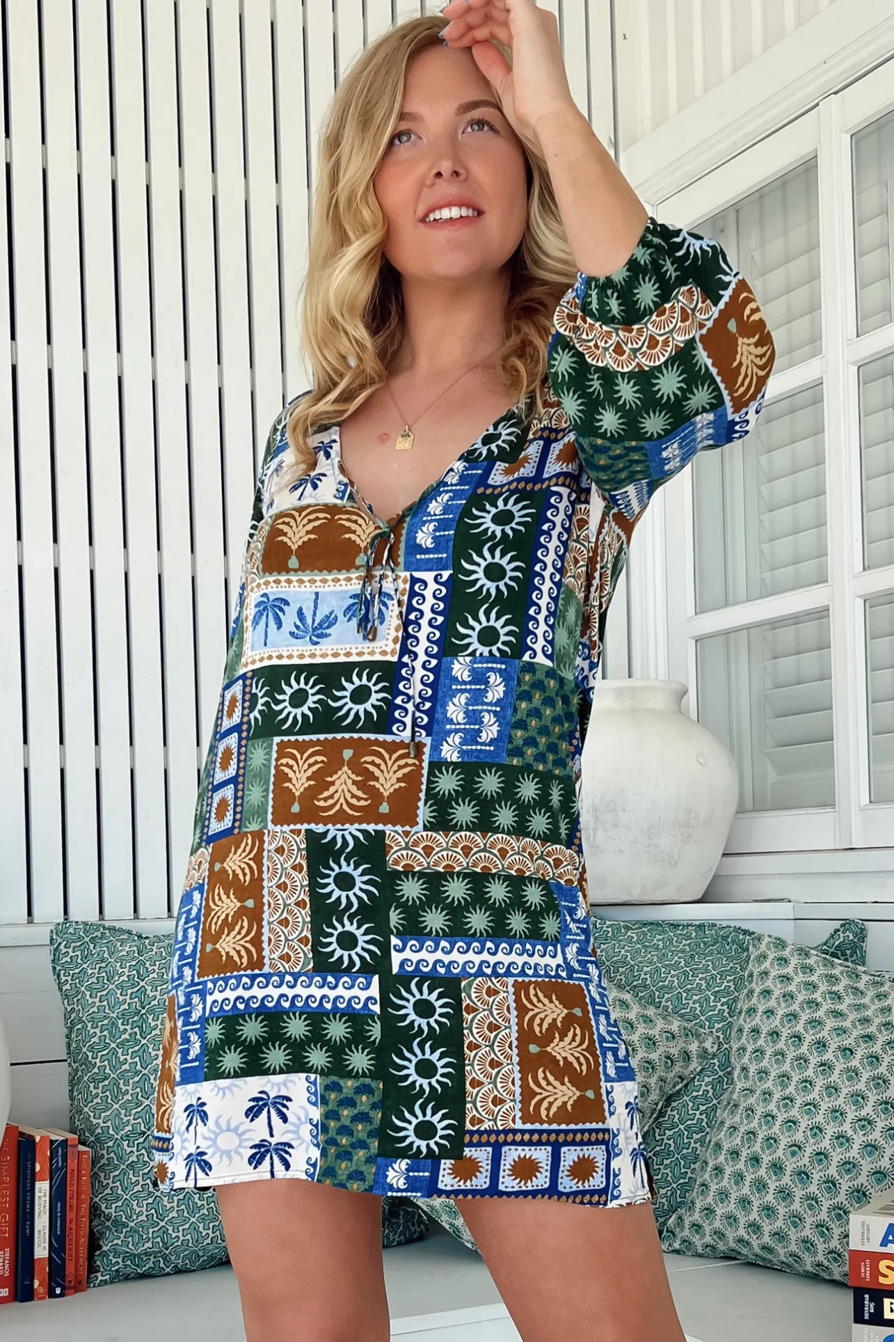Lake Mini Dress - V Neck Shift Dress With Balloon Sleeves in Emerald Cove Print>Jaase Discount