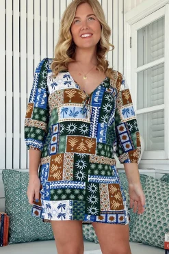 Lake Mini Dress - V Neck Shift Dress With Balloon Sleeves in Emerald Cove Print><noscript><img width=