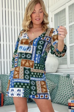 Lake Mini Dress - V Neck Shift Dress With Balloon Sleeves in Emerald Cove Print><noscript><img width=