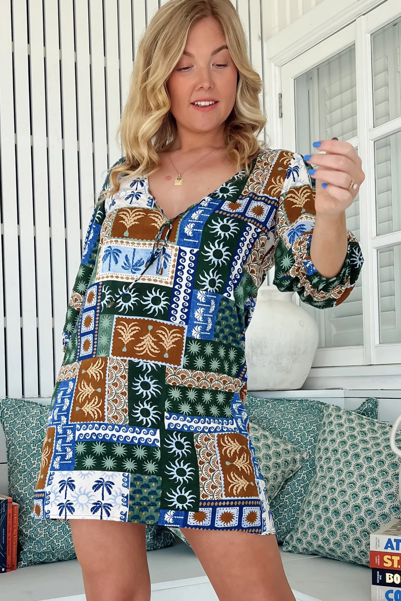 Lake Mini Dress - V Neck Shift Dress With Balloon Sleeves in Emerald Cove Print>Jaase Discount