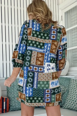 Lake Mini Dress - V Neck Shift Dress With Balloon Sleeves in Emerald Cove Print><noscript><img width=