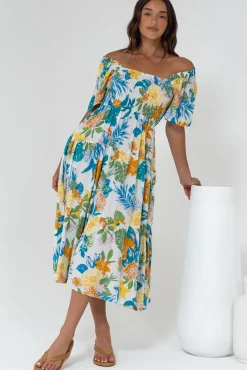 Lalita Midi Dress - Elasticated Bodice A-Line Dress with Flutter Sleeves in Mizuki Print>Salty Crush