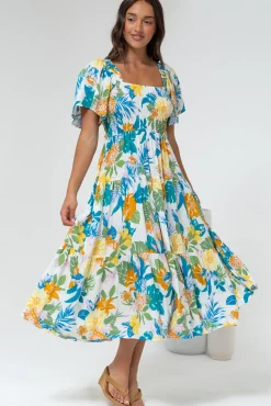 Lalita Midi Dress - Elasticated Bodice A-Line Dress with Flutter Sleeves in Mizuki Print><noscript><img width=