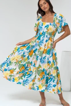 Lalita Midi Dress - Elasticated Bodice A-Line Dress with Flutter Sleeves in Mizuki Print><noscript><img width=
