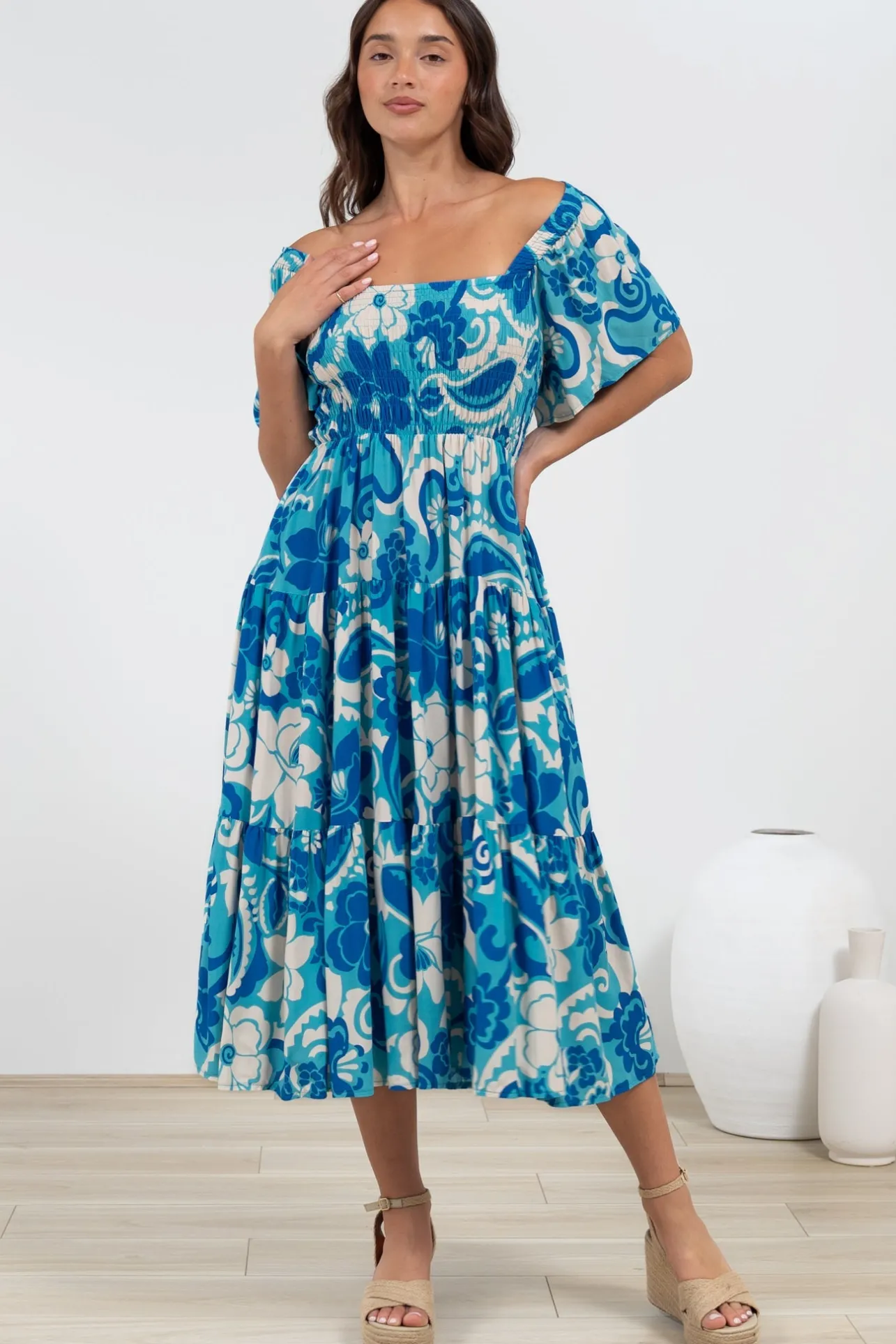 Lalita Midi Dress - Elasticated Bodice A-Line Dress with Flutter Sleeves in Shanti Print>Salty Crush Sale