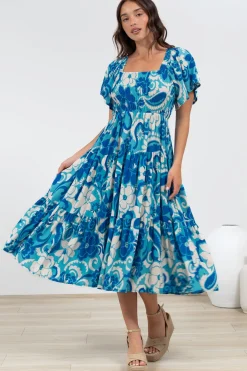 Lalita Midi Dress - Elasticated Bodice A-Line Dress with Flutter Sleeves in Shanti Print>Salty Crush Sale