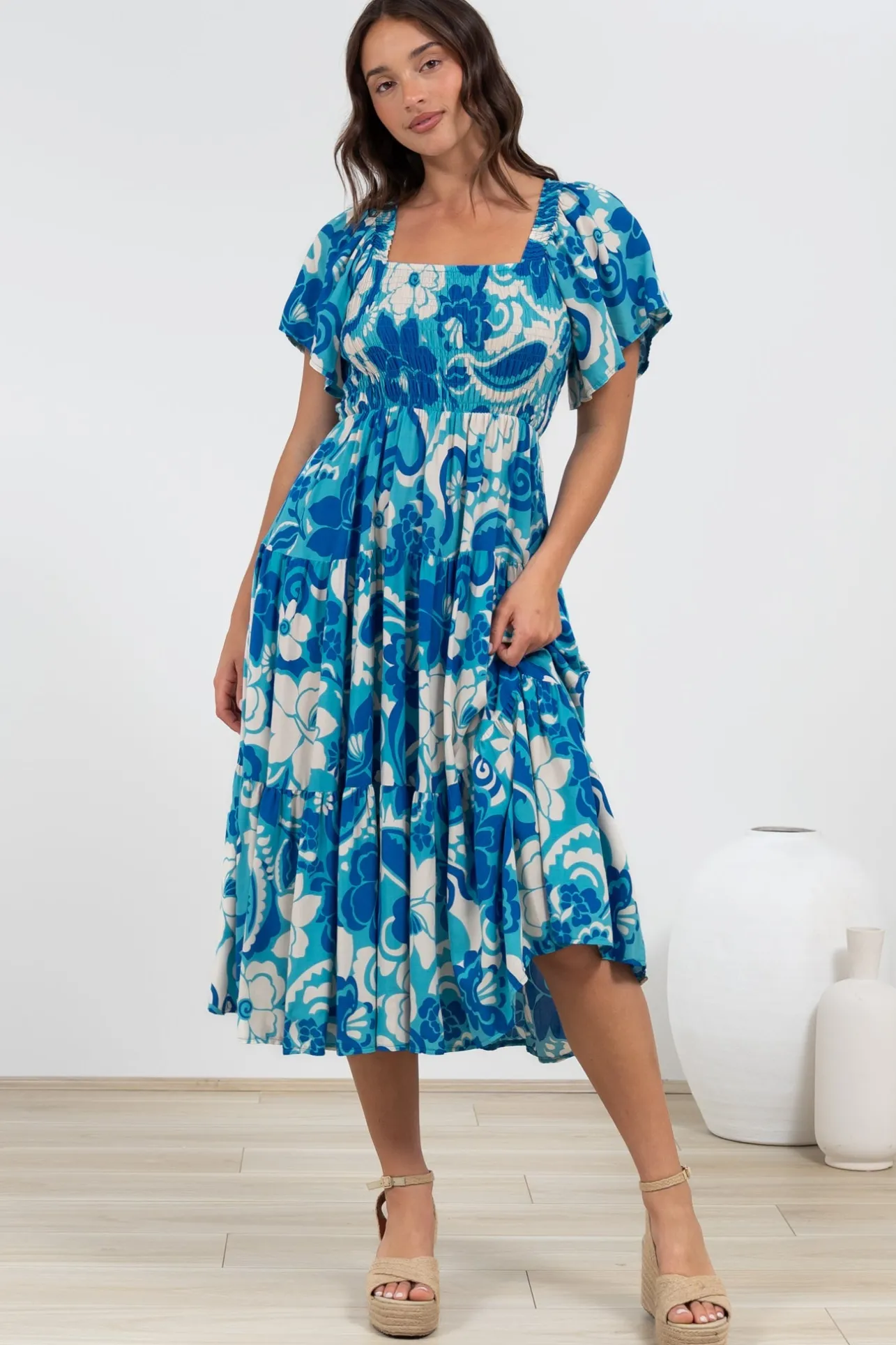 Lalita Midi Dress - Elasticated Bodice A-Line Dress with Flutter Sleeves in Shanti Print>Salty Crush Sale