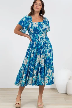 Lalita Midi Dress - Elasticated Bodice A-Line Dress with Flutter Sleeves in Shanti Print><noscript><img width=