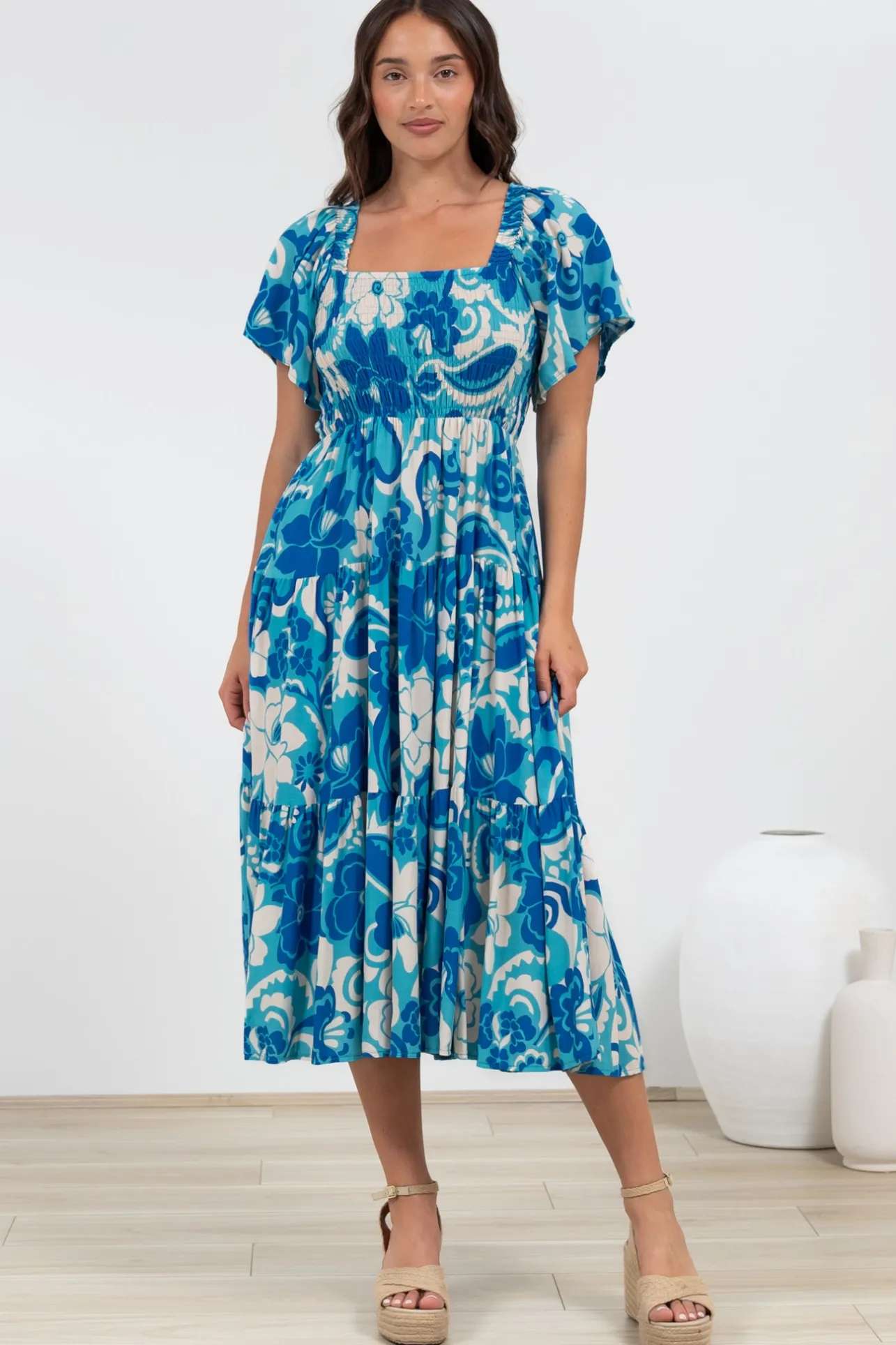 Lalita Midi Dress - Elasticated Bodice A-Line Dress with Flutter Sleeves in Shanti Print>Salty Crush Sale