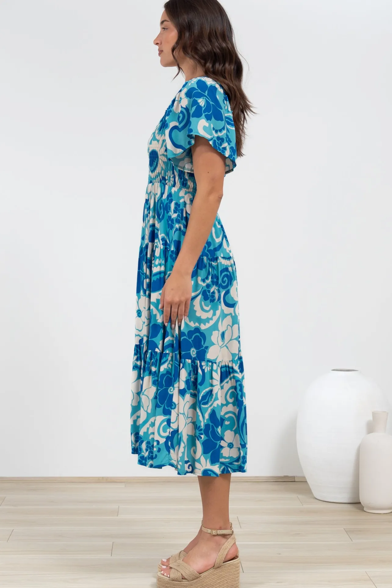 Lalita Midi Dress - Elasticated Bodice A-Line Dress with Flutter Sleeves in Shanti Print>Salty Crush Sale