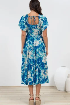 Lalita Midi Dress - Elasticated Bodice A-Line Dress with Flutter Sleeves in Shanti Print><noscript><img width=