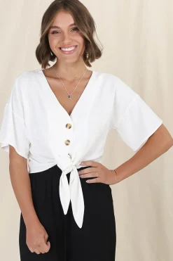Lanara Top - Button Front Tie Up Top in White>Salty Crush Hot