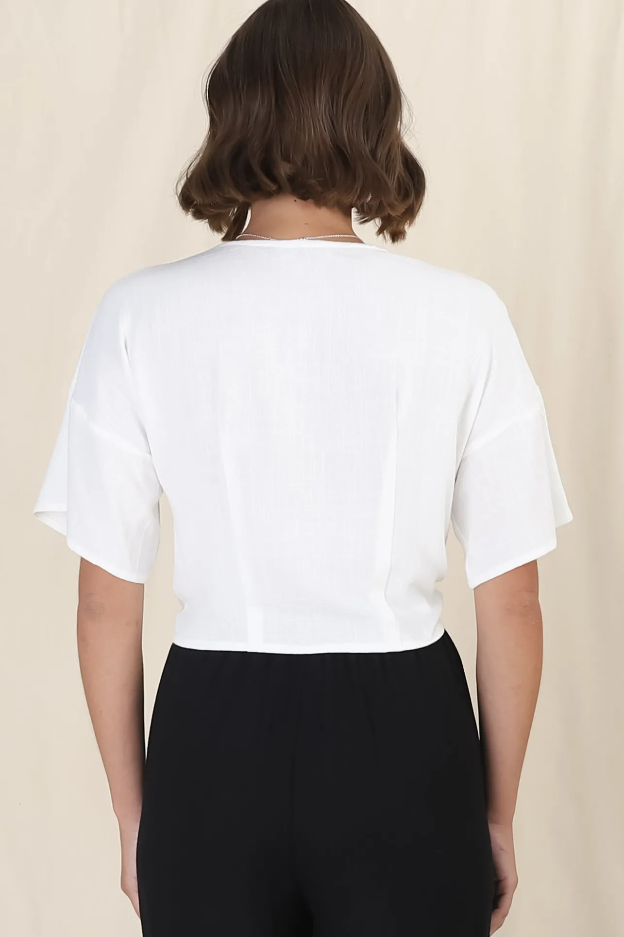 Lanara Top - Button Front Tie Up Top in White>Salty Crush Hot
