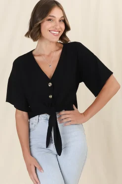 Lanara Top - Button Front Tie Up Top In Black><noscript><img width=