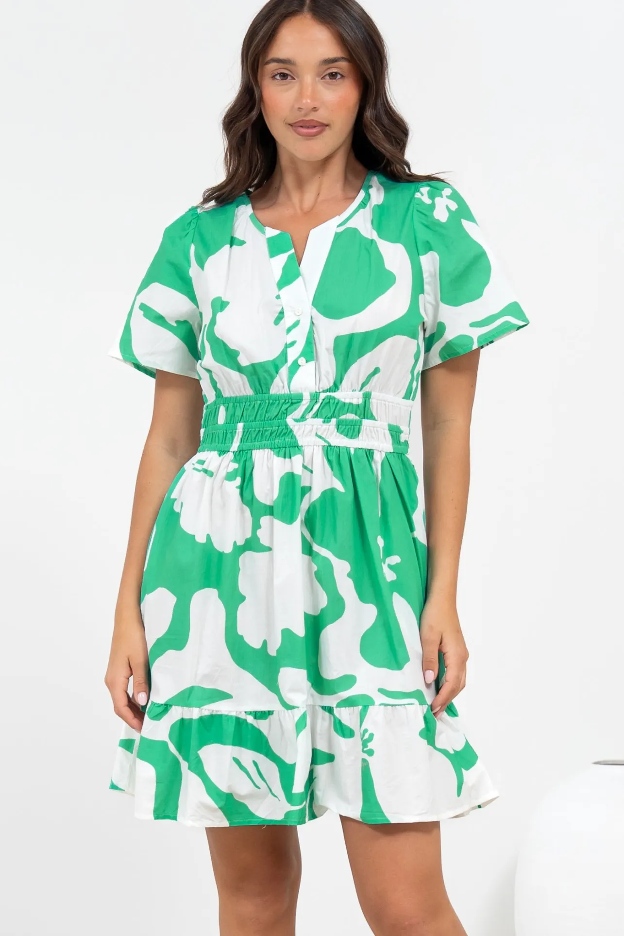 Larosa Mini Dress - Stand Collar A-Line Dress with Buttoned Bodice in Sloane Print Green>Salty Crush Discount