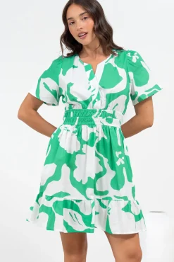 Larosa Mini Dress - Stand Collar A-Line Dress with Buttoned Bodice in Sloane Print Green><noscript><img width=