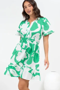 Larosa Mini Dress - Stand Collar A-Line Dress with Buttoned Bodice in Sloane Print Green><noscript><img width=