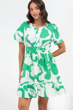 Larosa Mini Dress - Stand Collar A-Line Dress with Buttoned Bodice in Sloane Print Green><noscript><img width=