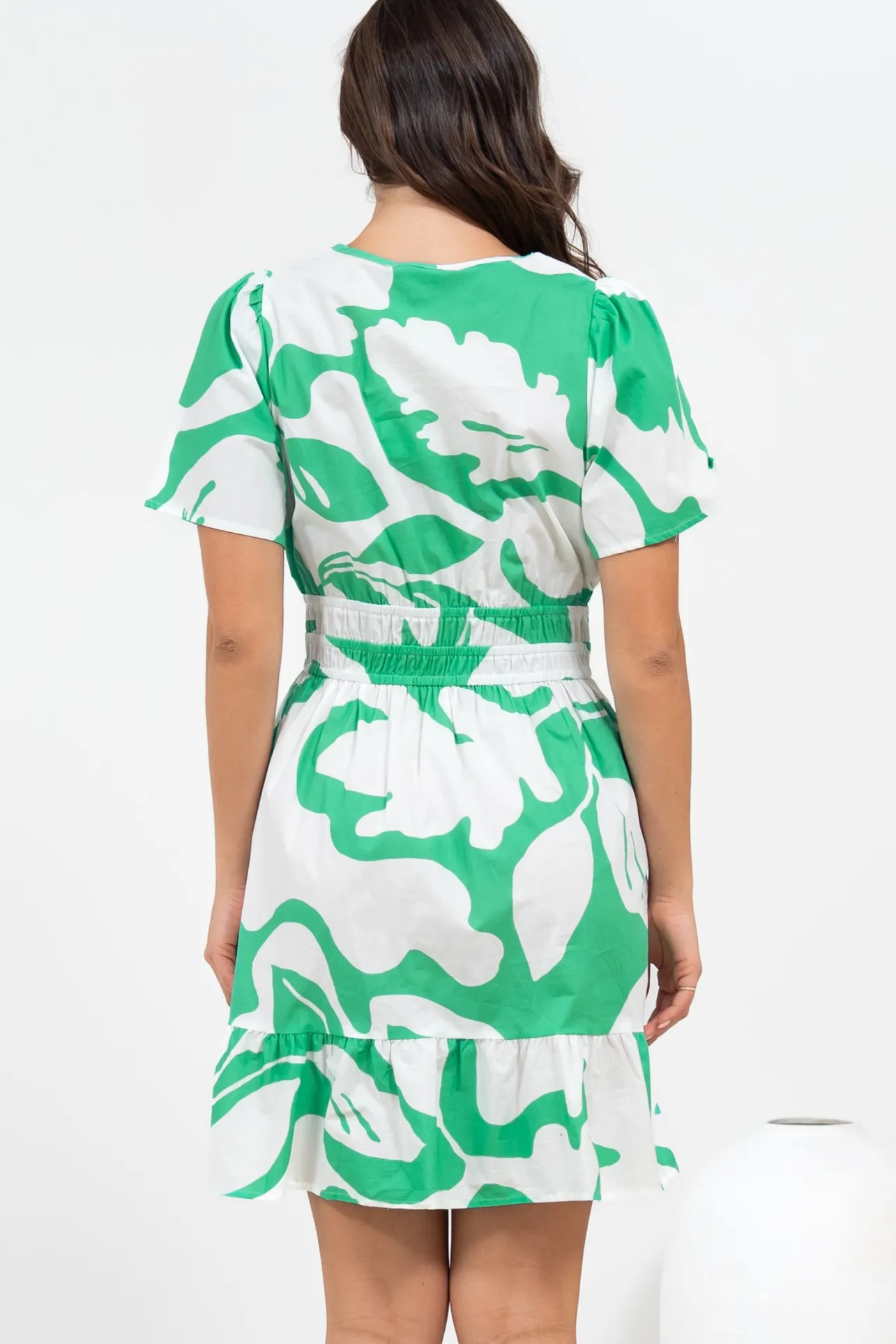 Larosa Mini Dress - Stand Collar A-Line Dress with Buttoned Bodice in Sloane Print Green>Salty Crush Discount