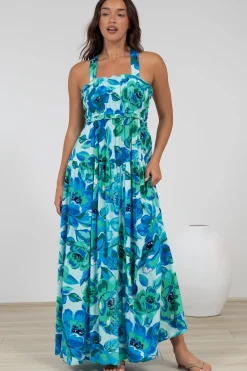 Laurita Maxi Dress - Adjustable Strap Elasticated Bodice Sun Dress in Melly Print>Salty Crush Best