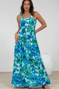 Laurita Maxi Dress - Adjustable Strap Elasticated Bodice Sun Dress in Melly Print>Salty Crush Best