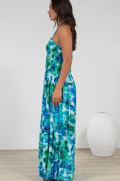 Laurita Maxi Dress - Adjustable Strap Elasticated Bodice Sun Dress in Melly Print><noscript><img width=