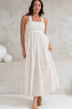 Laurita Midi Dress - Adjustable Strap Elasticated Bodice Sun Dress in White>Salty Crush New