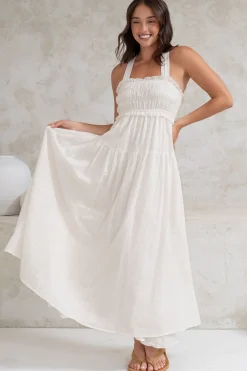 Laurita Midi Dress - Adjustable Strap Elasticated Bodice Sun Dress in White><noscript><img width=