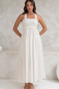 Laurita Midi Dress - Adjustable Strap Elasticated Bodice Sun Dress in White><noscript><img width=