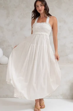 Laurita Midi Dress - Adjustable Strap Elasticated Bodice Sun Dress in White><noscript><img width=