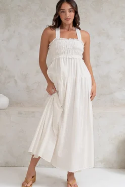 Laurita Midi Dress - Adjustable Strap Elasticated Bodice Sun Dress in White><noscript><img width=