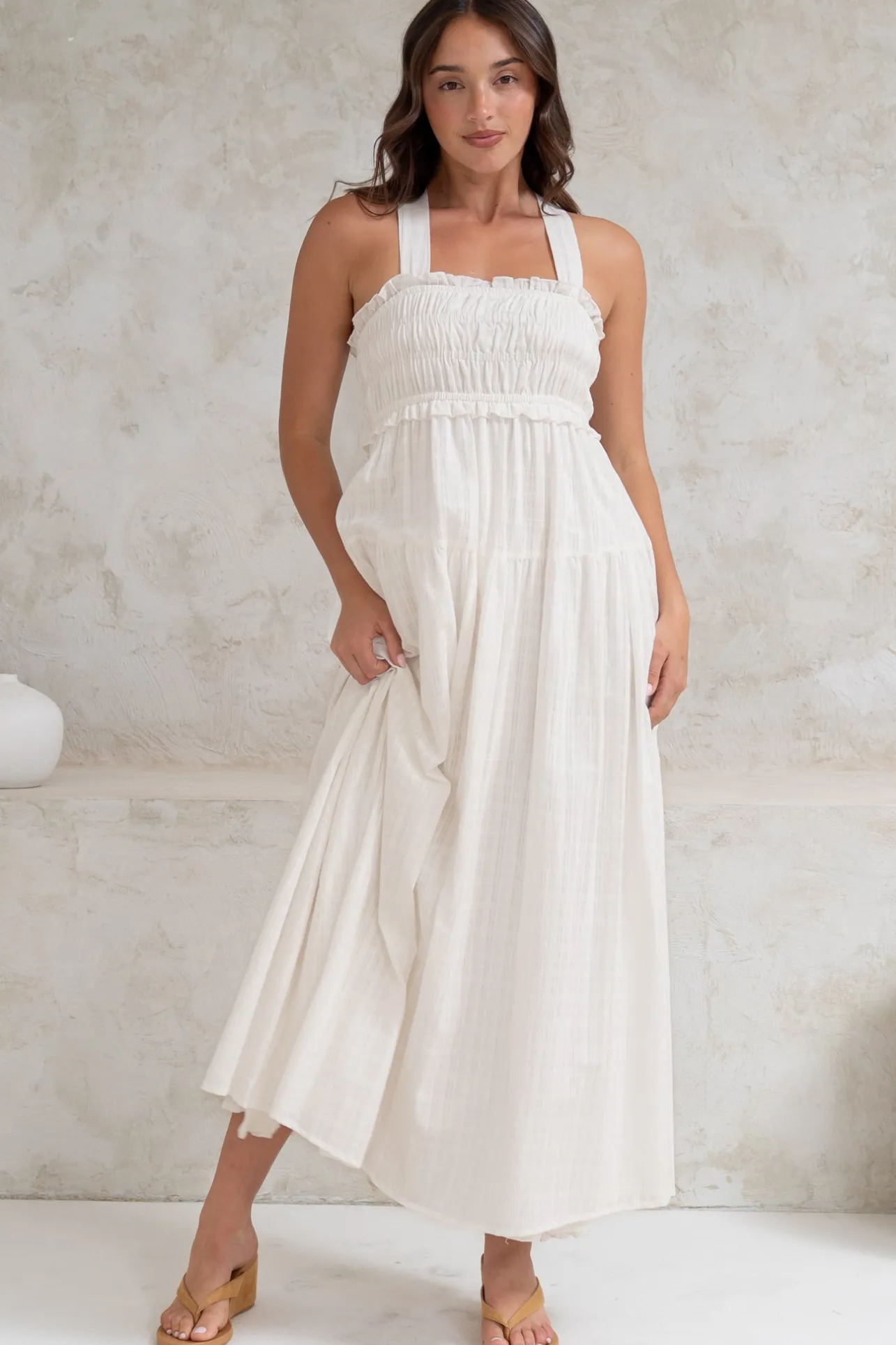 Laurita Midi Dress - Adjustable Strap Elasticated Bodice Sun Dress in White>Salty Crush New