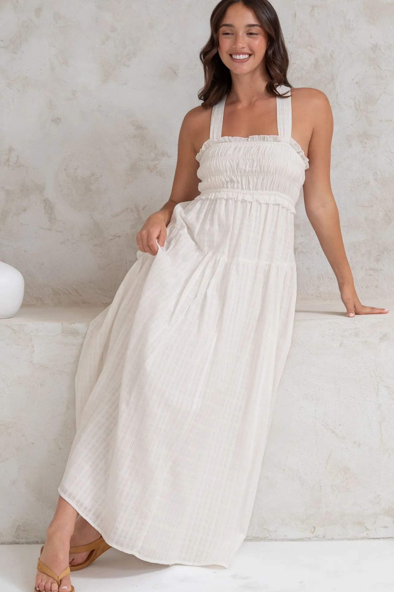 Laurita Midi Dress - Adjustable Strap Elasticated Bodice Sun Dress in White>Salty Crush New