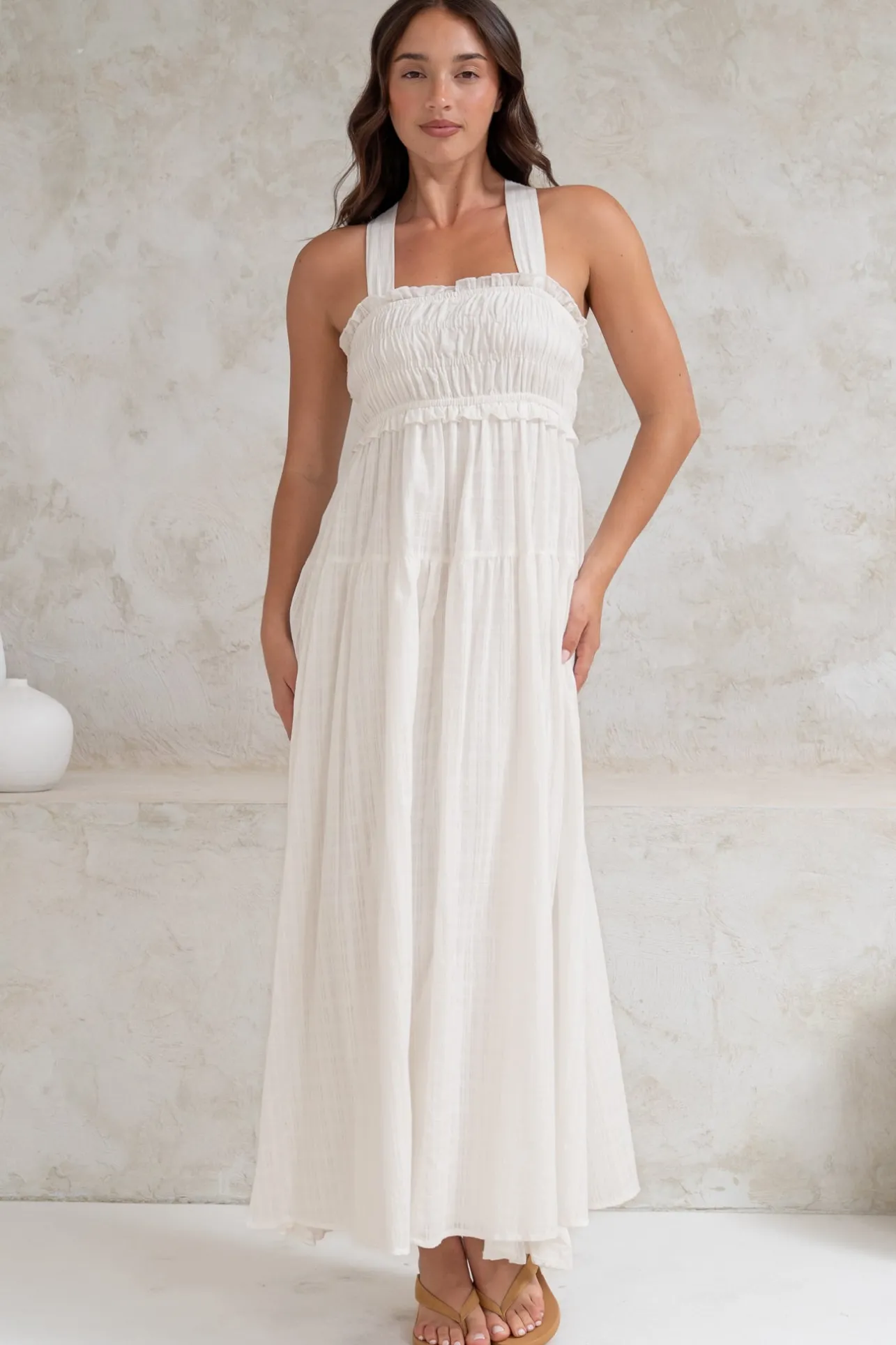 Laurita Midi Dress - Adjustable Strap Elasticated Bodice Sun Dress in White>Salty Crush New