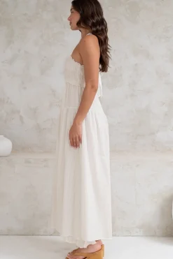 Laurita Midi Dress - Adjustable Strap Elasticated Bodice Sun Dress in White><noscript><img width=