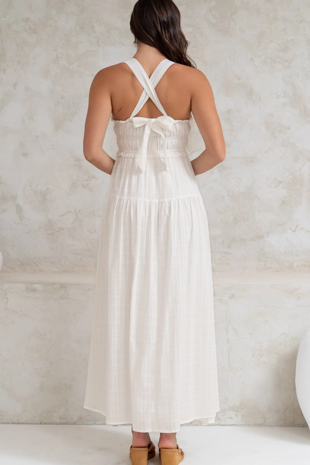 Laurita Midi Dress - Adjustable Strap Elasticated Bodice Sun Dress in White>Salty Crush New