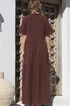 Laysa Maxi Dress - Mandarin Collar Buttoned Bodice Short Sleeve Dress in Chocolate><noscript><img width=