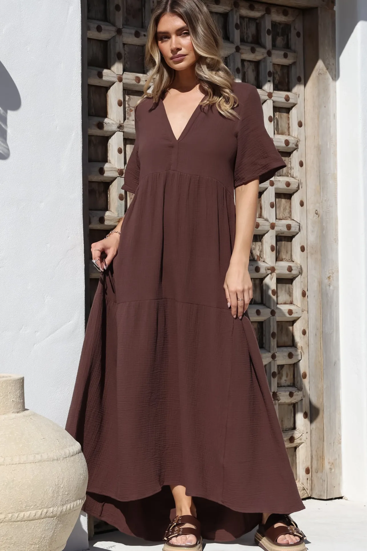 Laysa Maxi Dress - Mandarin Collar Buttoned Bodice Short Sleeve Dress in Chocolate>Salty Crush Hot