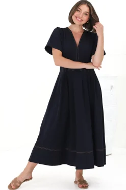 Lazelle Midi Dress - V-Neck Short Sleeve A-Line Dress with Elasticated Waist in Navy><noscript><img width=