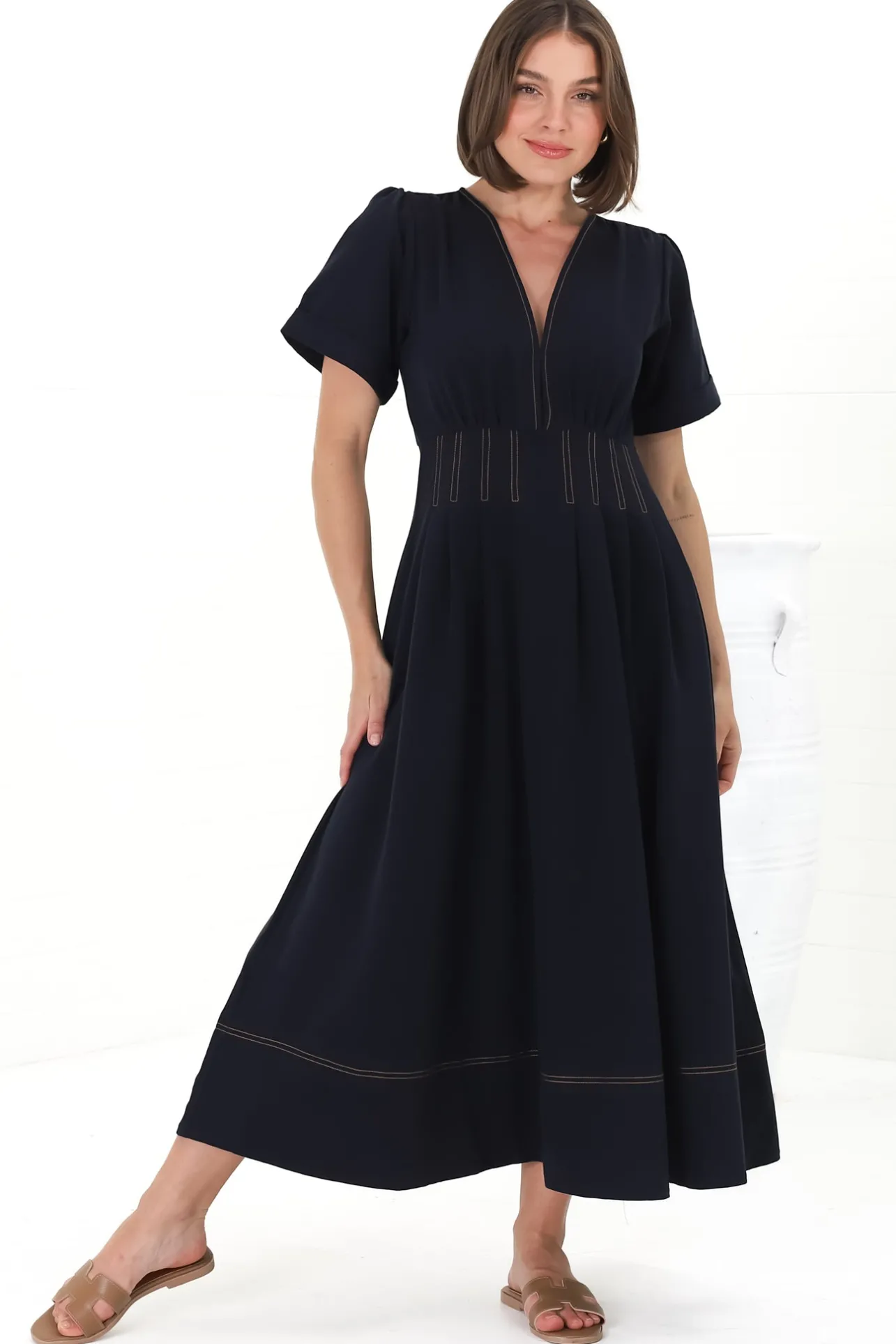 Lazelle Midi Dress - V-Neck Short Sleeve A-Line Dress with Elasticated Waist in Navy>Salty Crush Clearance
