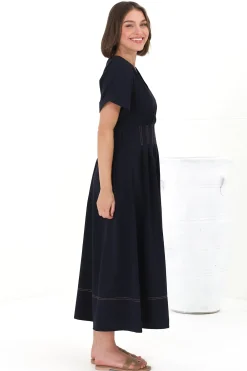 Lazelle Midi Dress - V-Neck Short Sleeve A-Line Dress with Elasticated Waist in Navy><noscript><img width=