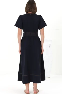 Lazelle Midi Dress - V-Neck Short Sleeve A-Line Dress with Elasticated Waist in Navy><noscript><img width=