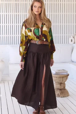 Lea Maxi Skirt - High Waisted Linen Skirt with Split in Chocolate><noscript><img width=