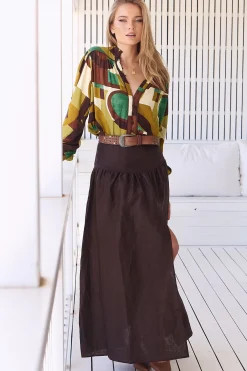 Lea Maxi Skirt - High Waisted Linen Skirt with Split in Chocolate><noscript><img width=