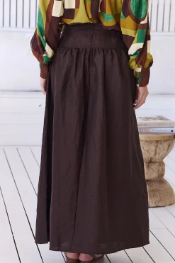 Lea Maxi Skirt - High Waisted Linen Skirt with Split in Chocolate><noscript><img width=
