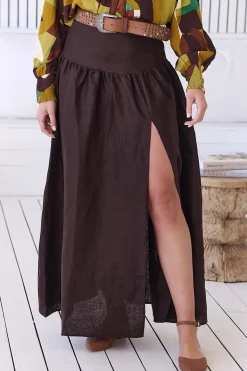 Lea Maxi Skirt - High Waisted Linen Skirt with Split in Chocolate><noscript><img width=